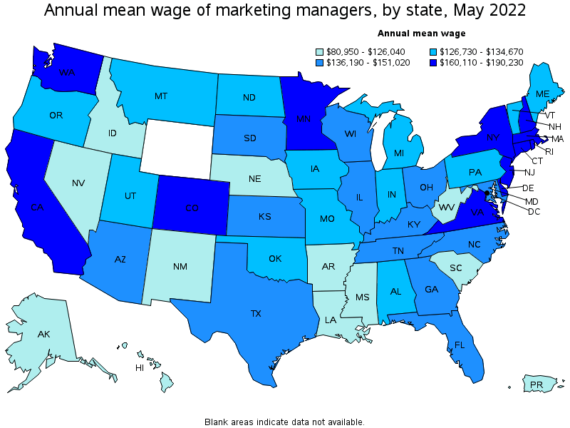annual mean wage of marketing managers by US state