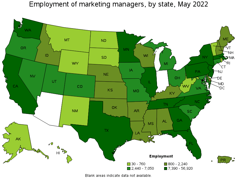 marketers employed by state in the US